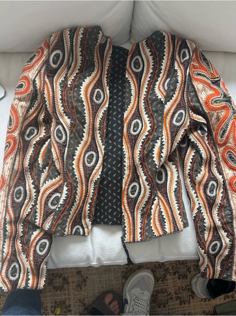 Ulla Johnson Beaded Orange & Brown Wave-Print Jacket